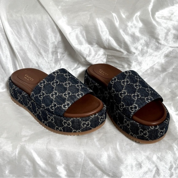 Gucci Shoes - Brand New**Gucci Blue Denim GG Slide Platform Sandals